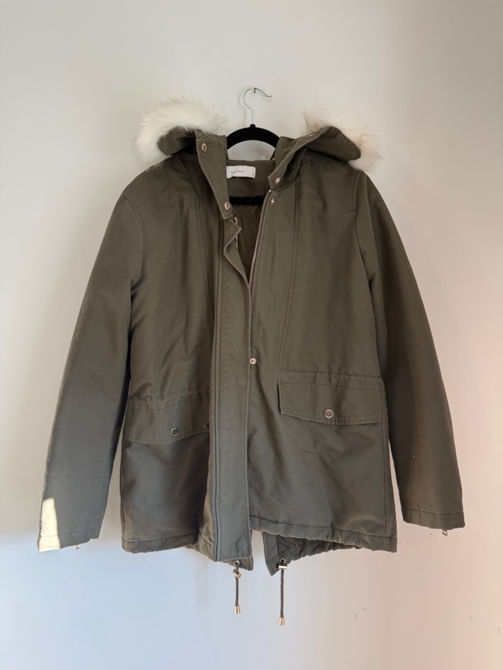 T Tahari Olive Green Hooded Parka with Faux Fur Trim